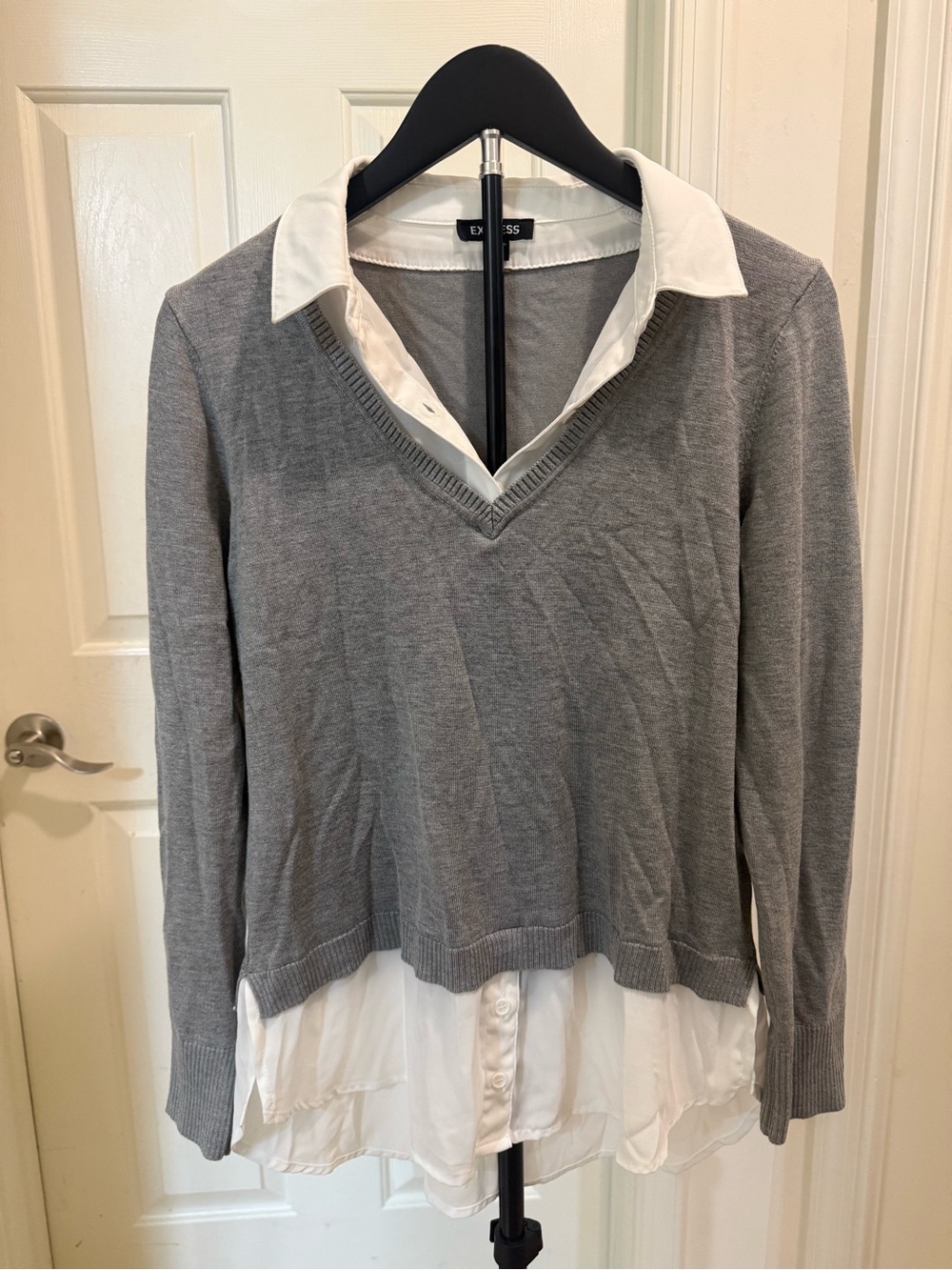 Express Gray V-Neck Layered Sweater with White Shirt Detail